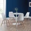 Blanco 4 Seater Round Pedestal Dining Table With 4 Kari Chairs, White -Dunelm Shop 30794145