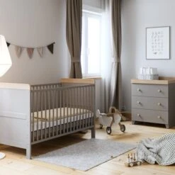 Little Acorns Classic Oak Effect Cot Bed And 3 Drawer Chest Nursery Set